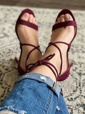 Allegra K Women's Strappy Lace-Up Sandals in Burgundy